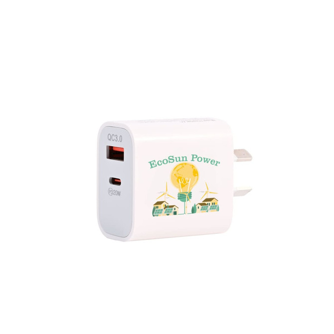 A white wall charger with two USB ports, featuring an eco-friendly design and a logo.