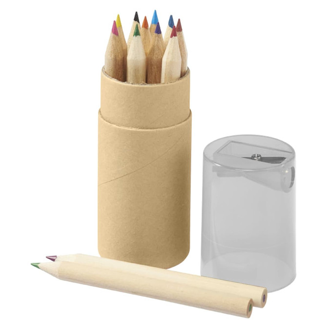 A cylindrical tube containing coloured pencils in various hues, alongside a sharpener and two pencils.