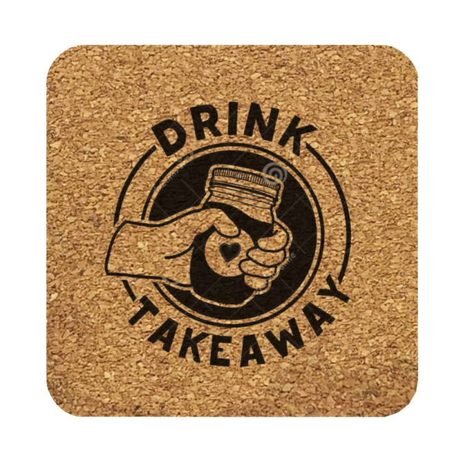 A square cork coaster featuring a graphic of a hand holding a drink jar with a heart, on a natural cork background.