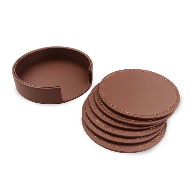 A brown leather coaster set of six with a matching holder. The coasters feature stitching around the edges.