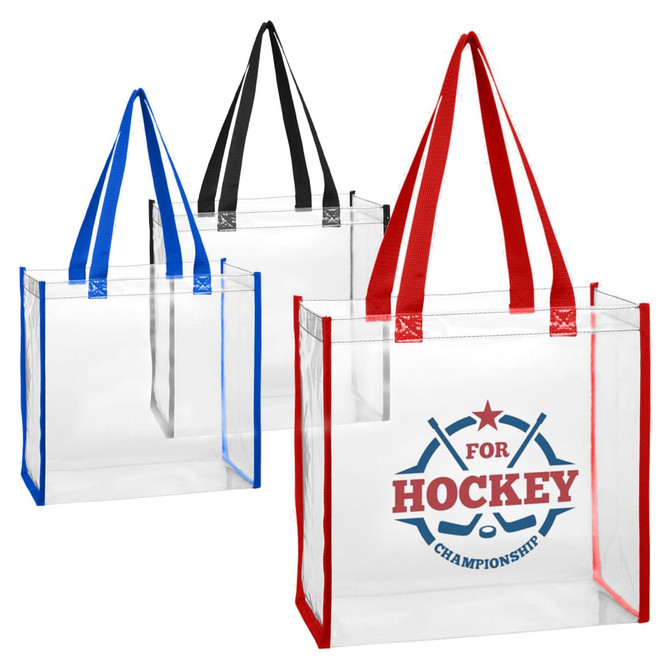 A set of three clear tote bags featuring red, blue, and black handles, each with a logo printed on the front.
