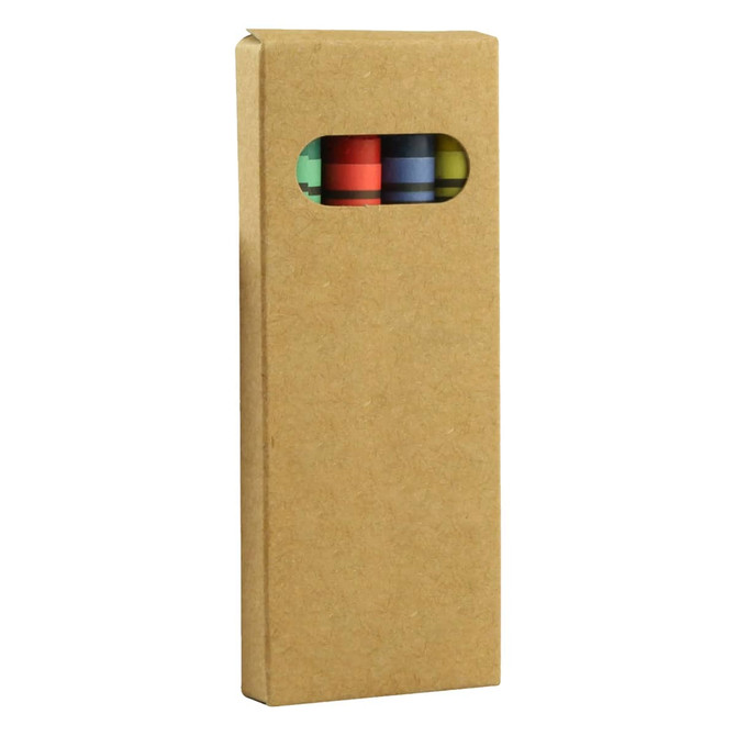 A crayon set in a cardboard packaging showing red, green, blue and yellow crayons through a window.
