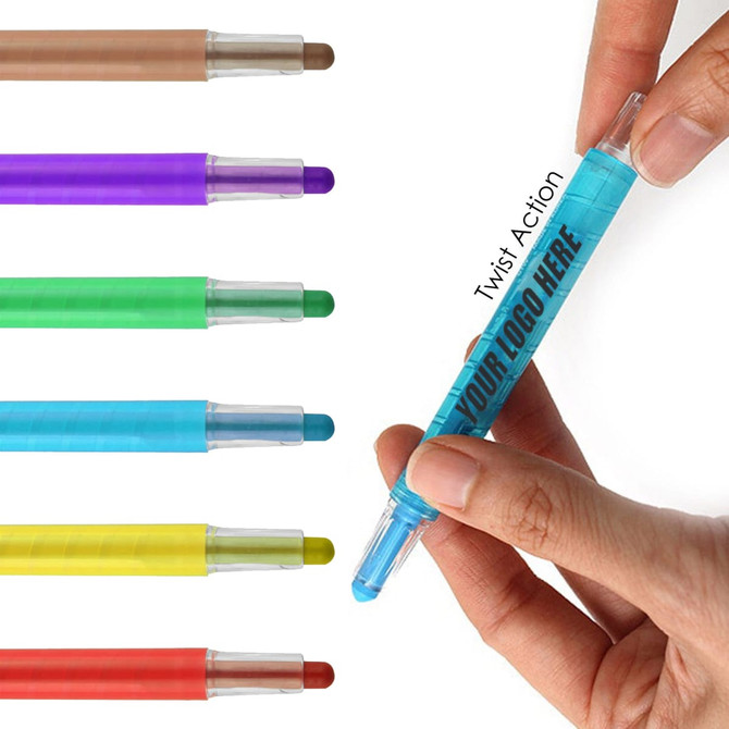 A Twist Crayon Set featuring six vibrant colours: brown, purple, blue, green, yellow, and red, with branding on packaging.