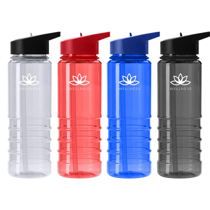 A drink bottle collection featuring clear, red, blue, and grey designs, all with a logo on the front.