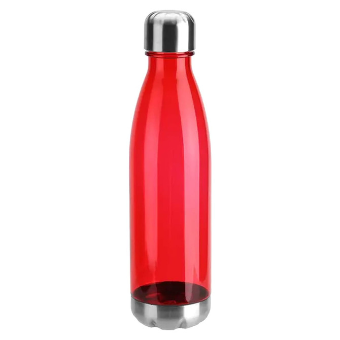 A red plastic drink bottle with a stainless steel cap and base, featuring a logo.