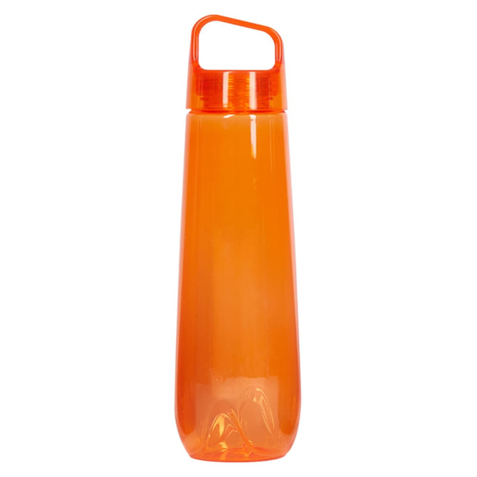 A drink bottle in a vibrant orange colour featuring a handle and a clear plastic design. It has a logo on its surface.