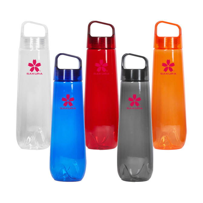 A drink bottle collection featuring five colours: clear, blue, red, grey, and orange, each with a handle and logo.