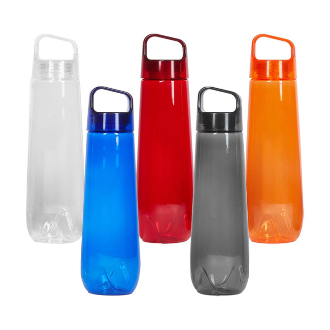 A drink bottle collection featuring clear, blue, red, grey, and orange models, each with a handle and a logo.