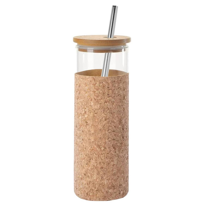 A drink bottle with a clear glass body, cork sleeve, and bamboo lid, featuring a stainless steel straw.