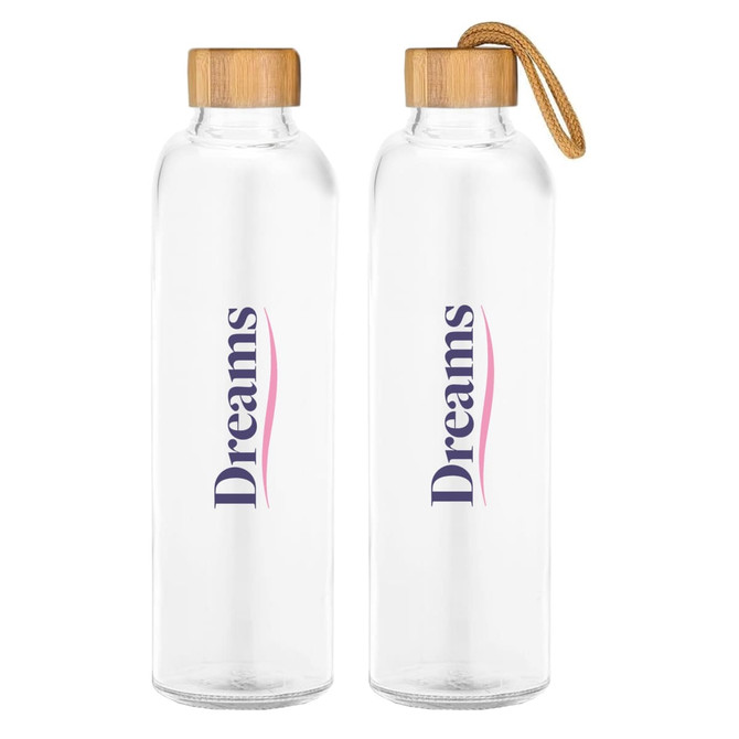 A drink bottle made of clear glass with a bamboo lid and a rope handle, featuring a logo on the front.