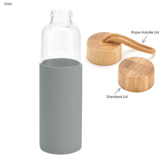 A drink bottle in grey with a silicone sleeve and bamboo lids, one featuring a rope handle.
