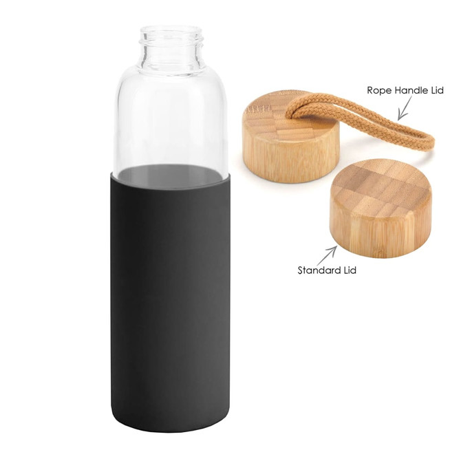 A drink bottle with a transparent glass body and a black silicone sleeve, featuring two bamboo lid options.