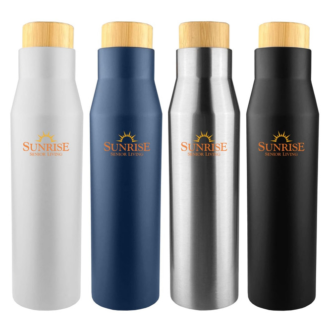 A drink bottle set featuring four colours: white, navy, stainless steel, and black, with wooden lids and a logo.