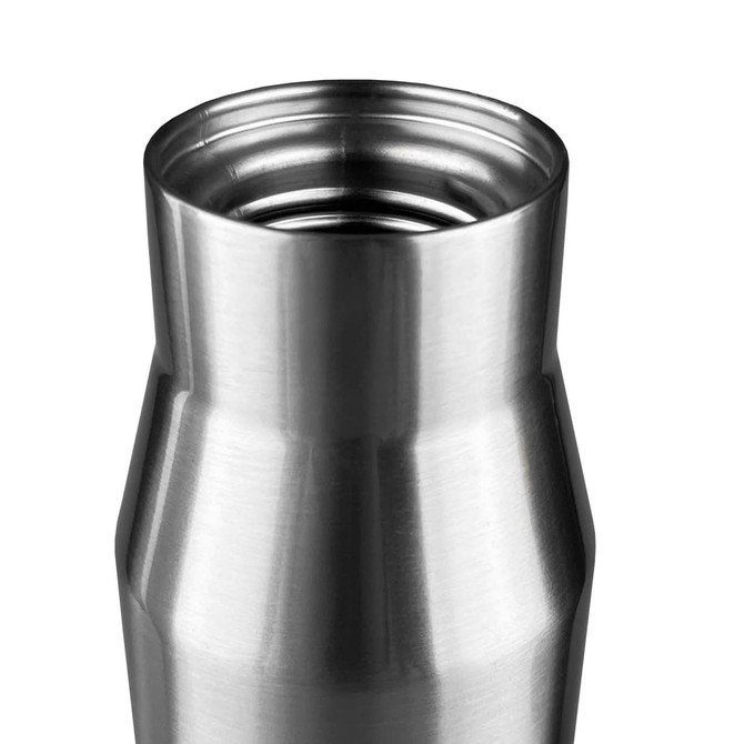 A drink bottle made of stainless steel with a smooth, polished finish and a wide mouth opening. It features a logo.