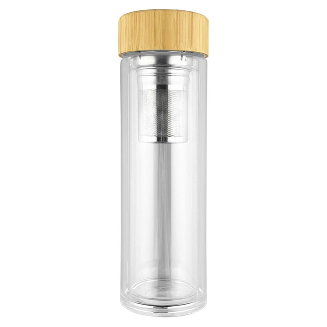 A glass drink bottle with a clear body and a bamboo lid, featuring a built-in strainer.