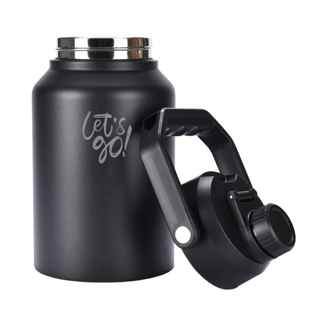 A drink bottle in matte black with a silver lid and a handle, featuring a logo on the side.