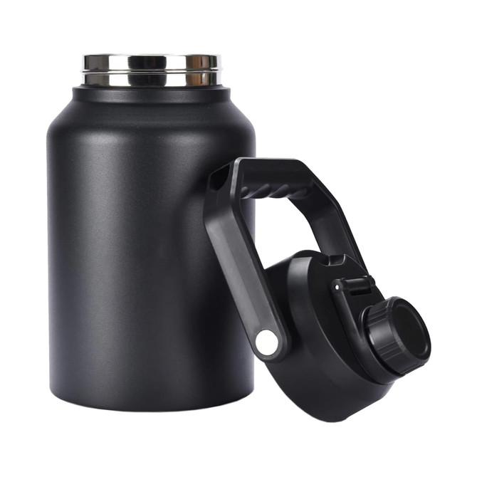 A drink bottle in matte black with a metallic cap and a sturdy handle, featuring a removable lid and a spout.