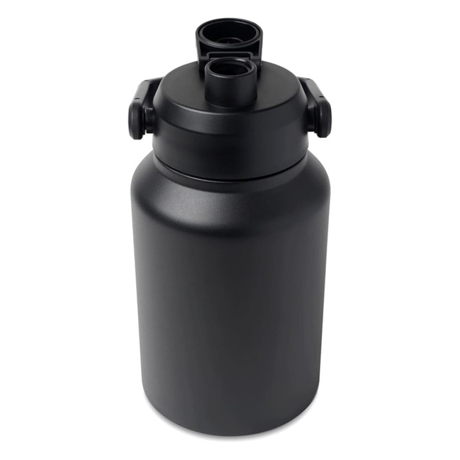 A drink bottle in matte black with two openings and a secure closure. It features a logo on the body.