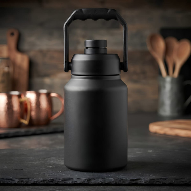 A drink bottle in matte black with a sturdy handle, set against a rustic kitchen backdrop.