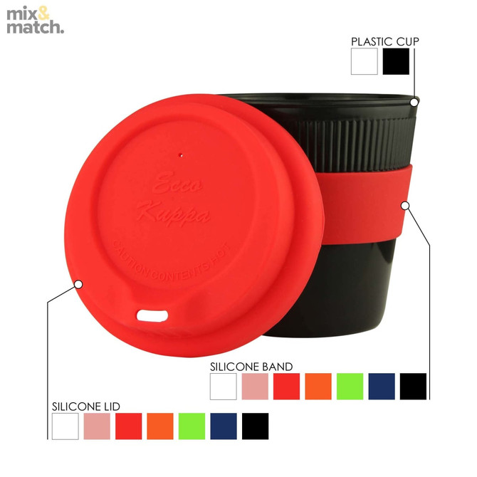 A reusable coffee cup with a black plastic body, a red silicone lid, and a red silicone band. Features a logo.