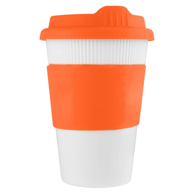 A drink bottle featuring a white body with an orange lid and grip, designed as a reusable coffee cup.