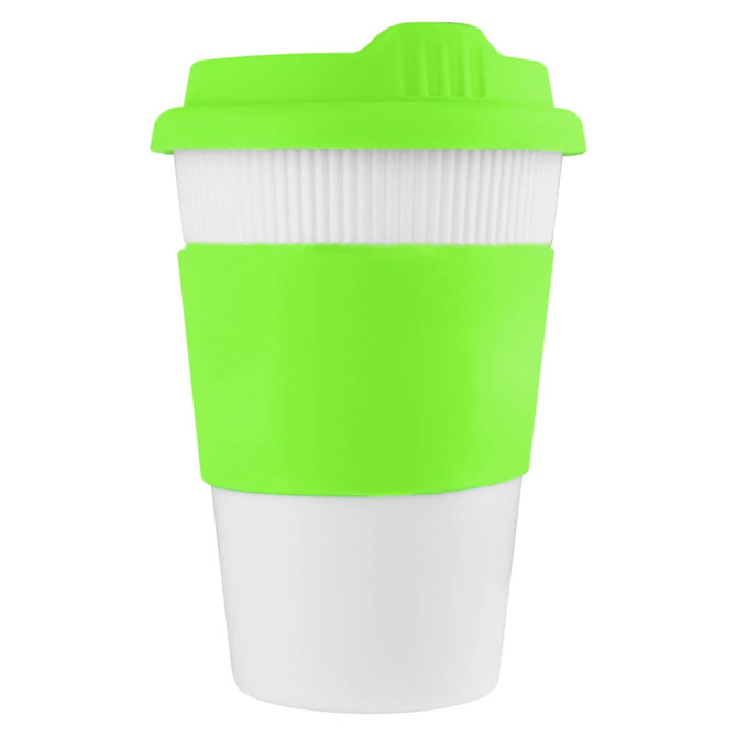 A reusable coffee cup in bright green and white, featuring a textured grip and a lid, with branding.