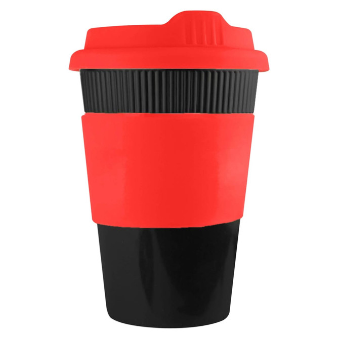 A reusable coffee cup in red and black with a ribbed sleeve and a lid, featuring branding.