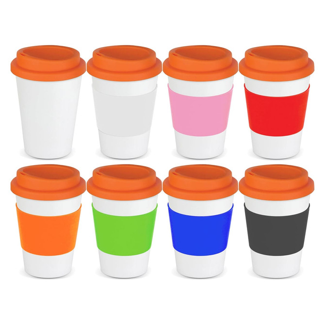 A collection of eight reusable coffee cups in white, pink, red, green, blue, and black, each with orange lids and sleeves.