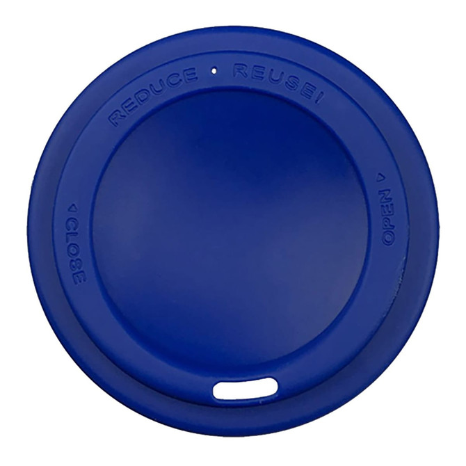 A drink lid in blue, designed for a reusable coffee cup, featuring an opening and a small hole.