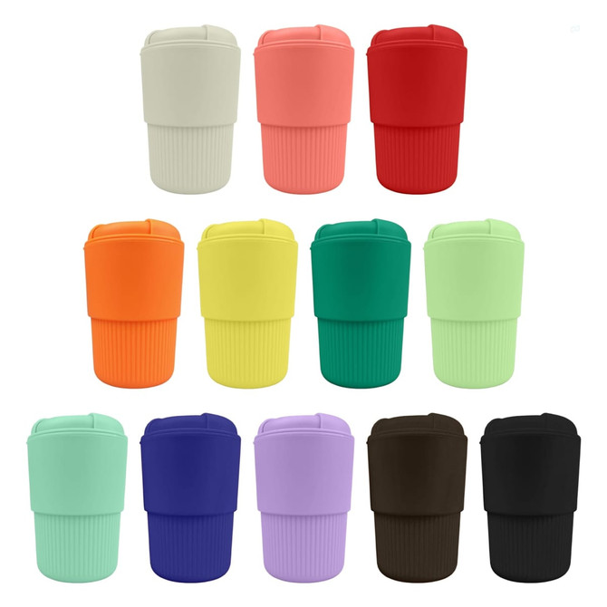 A collection of reusable coffee cups in various colours, featuring a textured grip and a lid, each with a logo.