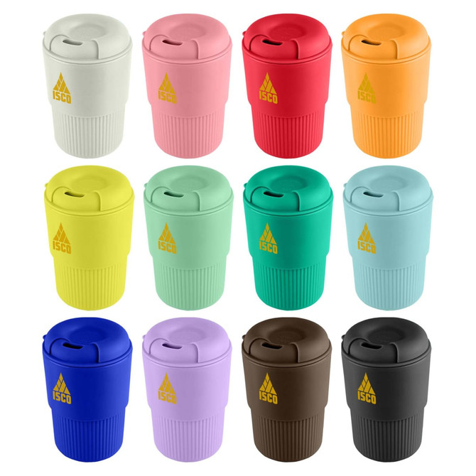 A collection of reusable coffee cups in various colours including pink, yellow, green, blue, purple, orange, and brown, each with a logo.