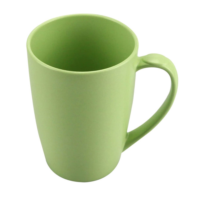 A green bamboo mug with a smooth finish and a sturdy handle, featuring a logo on the side.