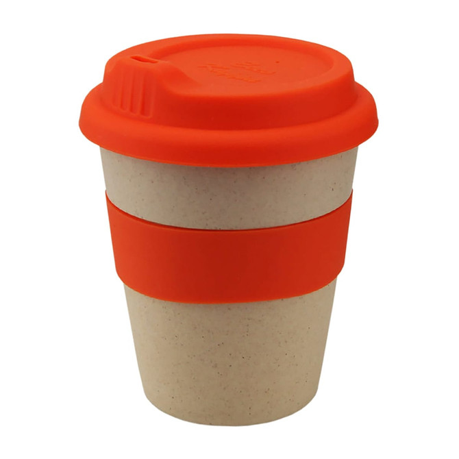 A reusable coffee cup in natural with an orange silicone lid and band, featuring a logo.