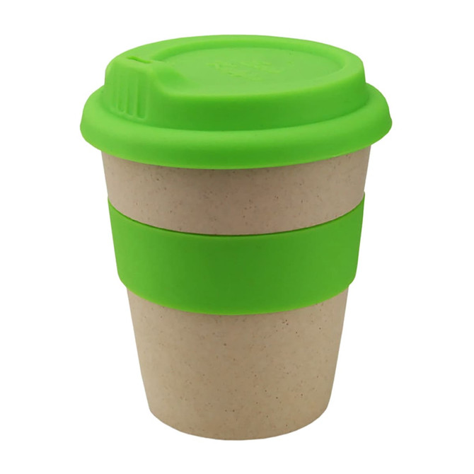 A drink bottle featuring a natural beige body with a bright green silicone lid and band, designed for reusable use.