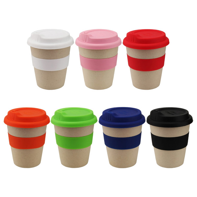 A collection of reusable coffee cups in various colours: white, pink, orange, green, red, blue, and black, each with a silicone band.