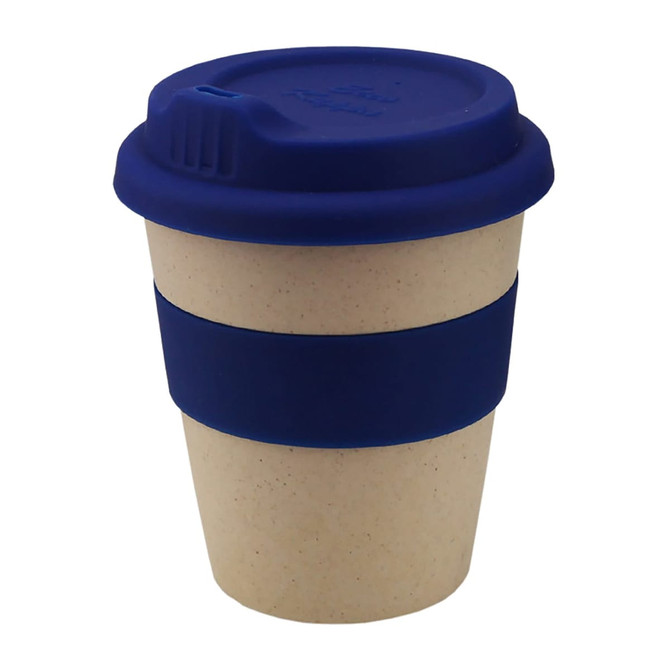 A reusable coffee cup featuring a beige body with a navy blue silicone lid and sleeve. It has a logo.