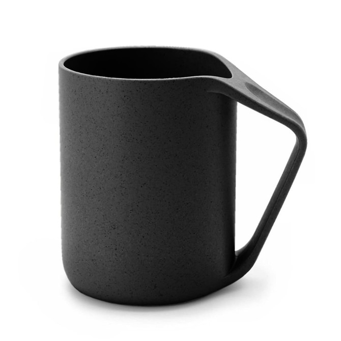 A reusable coffee cup in black with a modern design and a handle, featuring a logo.