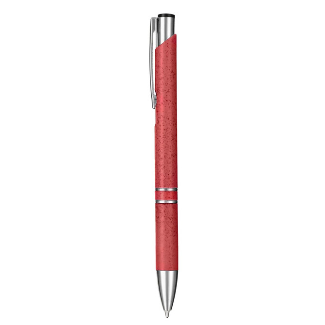 A red eco-friendly pen with a silver clip and detailing. The pen features a sleek design and a branding logo.