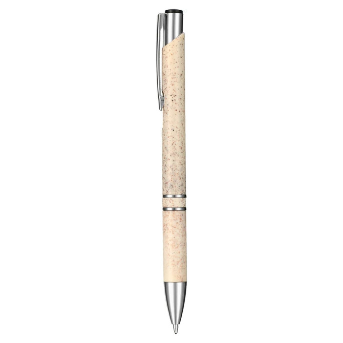 A pen with a natural cork body and silver chrome accents, featuring a logo on the side.