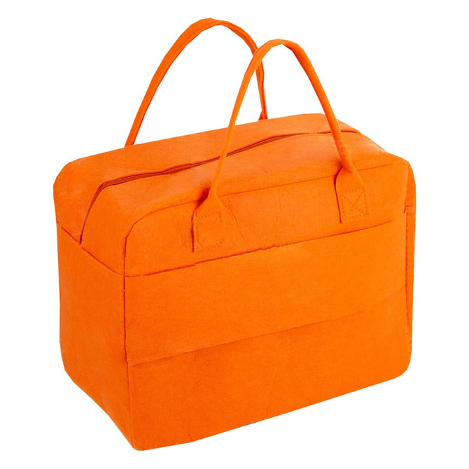 An orange felt travel bag with two handles and a zippered closure, featuring a front pocket and a branding logo.