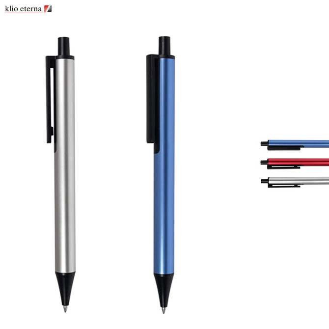 A collection of metal pens in silver and blue, with additional red and black pen options visible. Each has a clip and a logo.