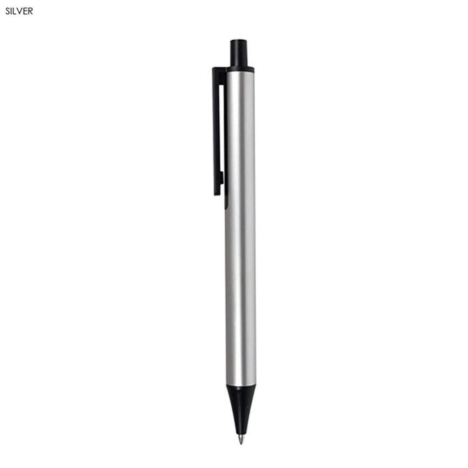 A silver metal pen with a click mechanism and a black tip. It features a simple design and a clip on the side.