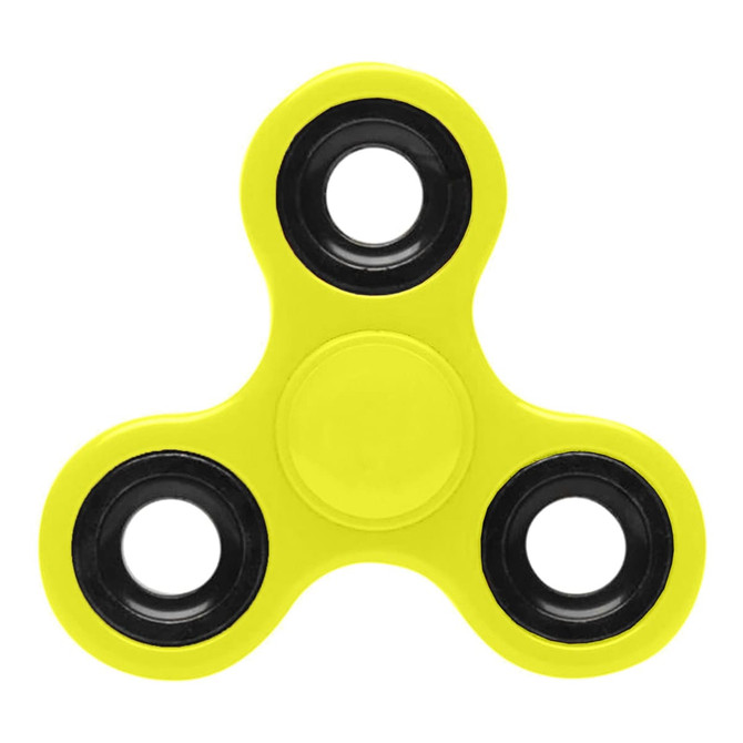 A yellow fidget spinner with black bearings, designed as a novelty item for fun and games.