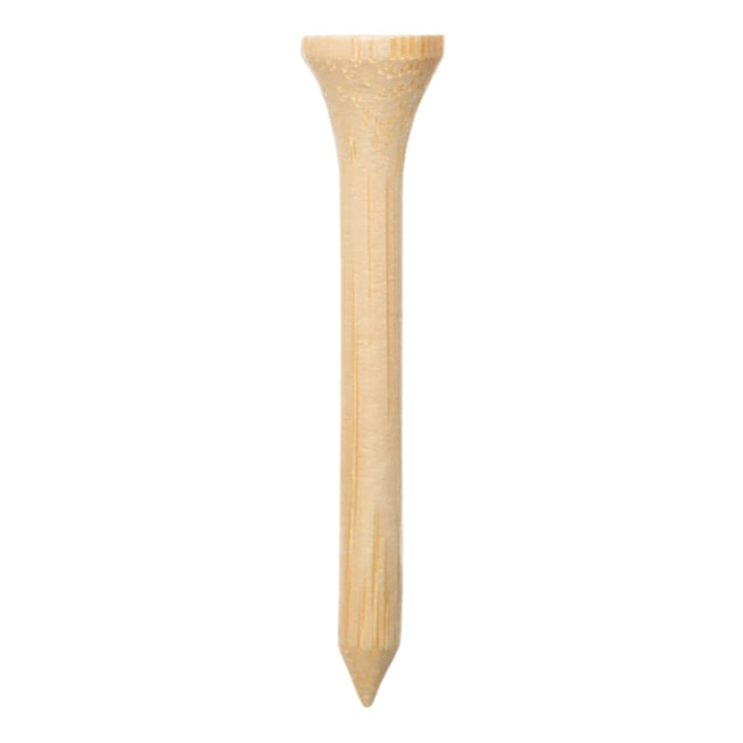 A wooden golf tee in a natural finish, featuring a tapered top and pointed end for easy ground insertion.
