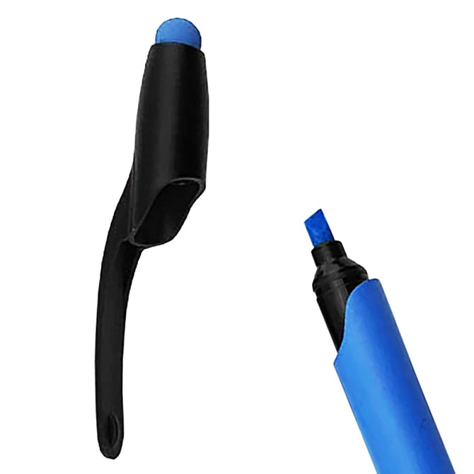 A blue stylus pen highlighter with a black cap, featuring a soft tip for touchscreen use and a highlighting end.