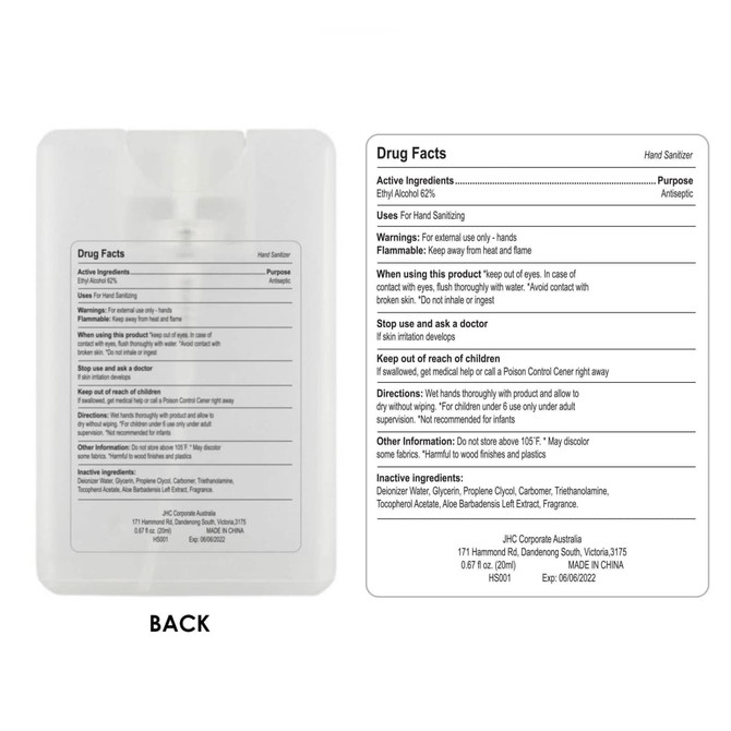 A clear 20ml hand sanitiser spray card with ingredients and usage instructions on the back.