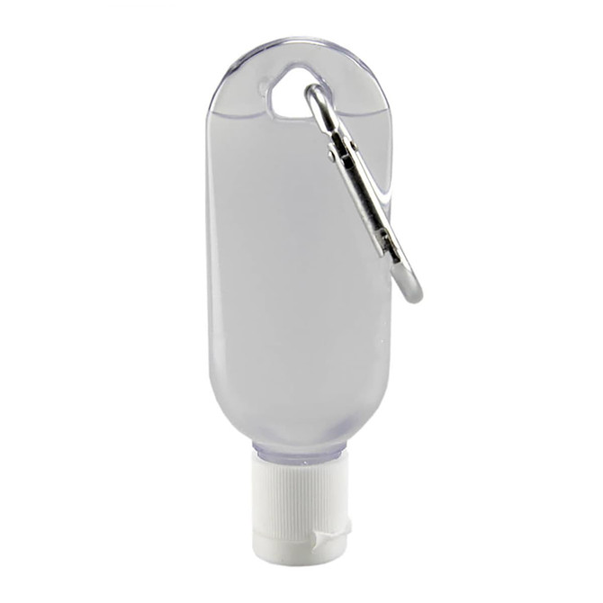 A clear 30ml gel hand sanitiser with a carabiner attached to the top for easy carrying.