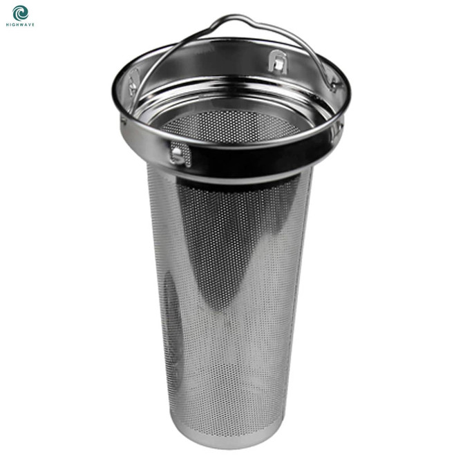 A stainless steel mesh filter with a handle, designed for use in drinkware. It features a shiny finish and fine mesh.