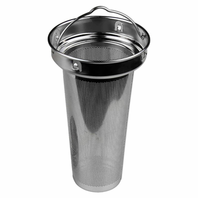 A drink bottle mesh filter made of silver stainless steel, featuring a handle and a perforated design.