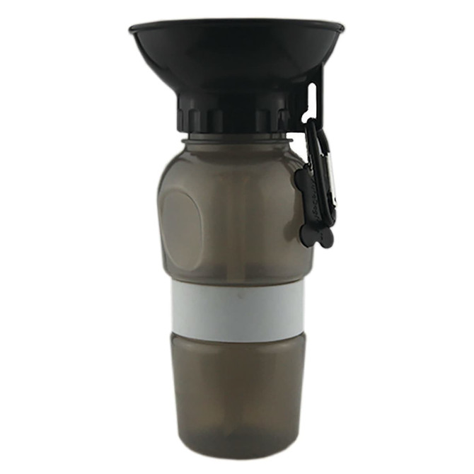 A drink bottle in grey with a black funnel and a silicone band, featuring a carabiner attachment.